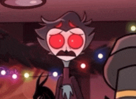 a cartoon character with red eyes and a mustache is standing next to a man in a top hat .