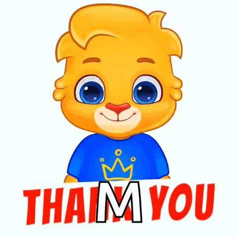 a cartoon character says thank you in red