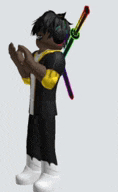a roblox character is holding a rainbow colored sword .