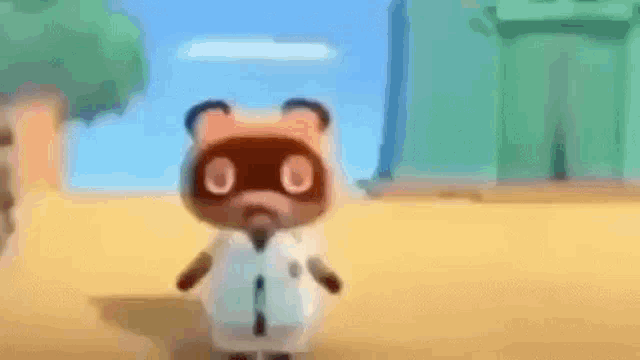 tom nook from animal crossing new horizons is wearing a lab coat and a mask .