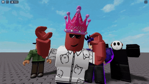 a red roblox character wearing a pink princess crown