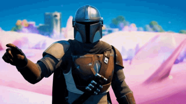 a man wearing a helmet and armor is pointing at something