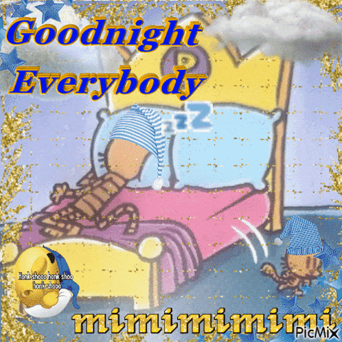 a picture of a bed with the words goodnight everybody written on it