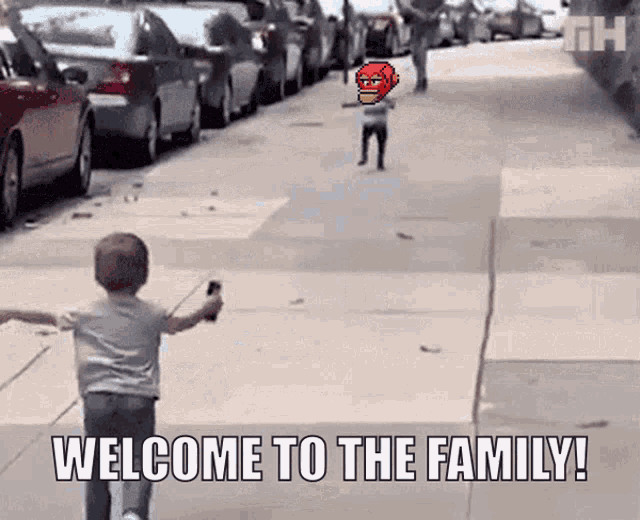 a child is running down a sidewalk with the words welcome to the family on the bottom