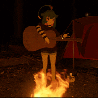 a girl is holding a guitar in front of a campfire