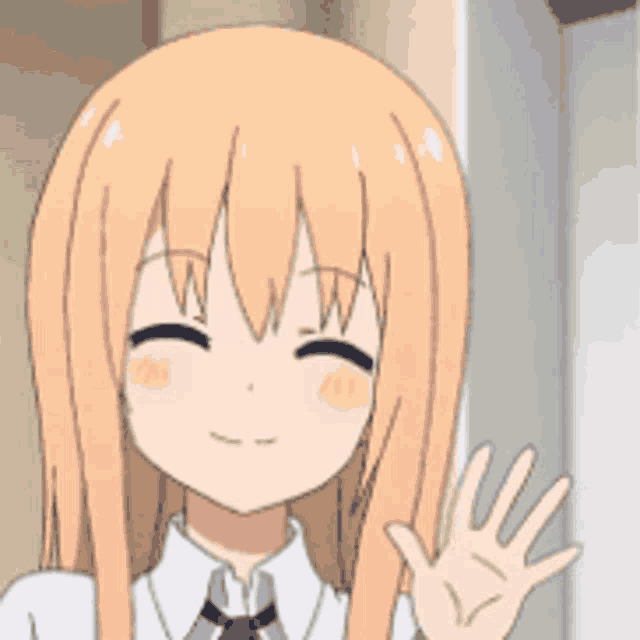 a girl with long blonde hair is waving her hand .