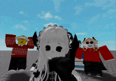 a girl in a black and white dress is standing in front of two other roblox characters