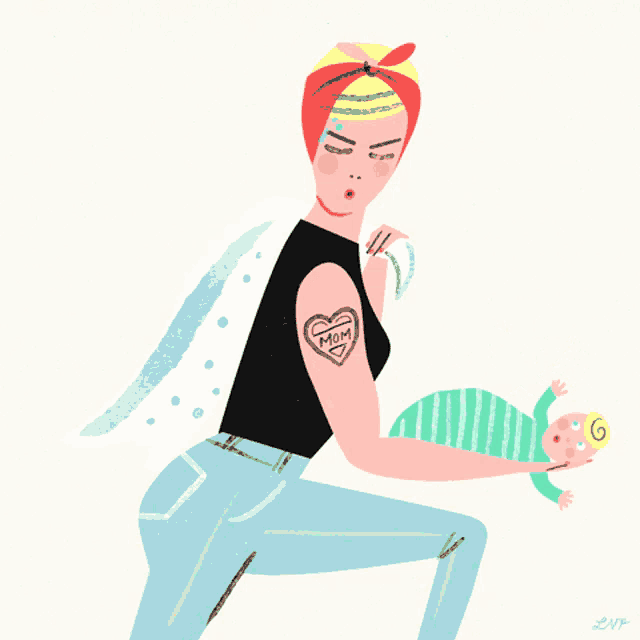 a drawing of a woman with a tattoo on her arm that says mom