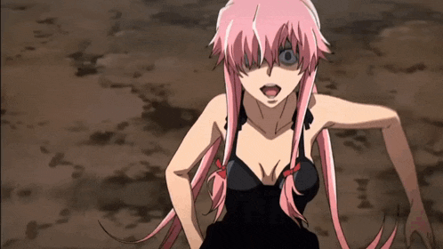 a girl with pink hair and a black top is standing in the dirt