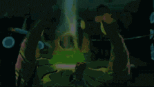 a video game character is standing in a room with a green light coming out of the ceiling .
