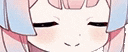 a close up of a pink and white anime girl 's face with her eyes closed and a tear on her forehead .