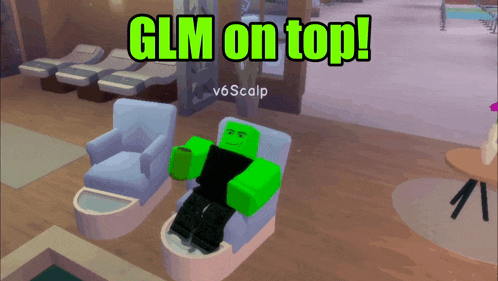 a green cartoon character is sitting in a chair with the text glm on top