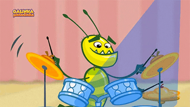 a cartoon of a bug playing drums with the words galinha pintadinha in the upper right corner