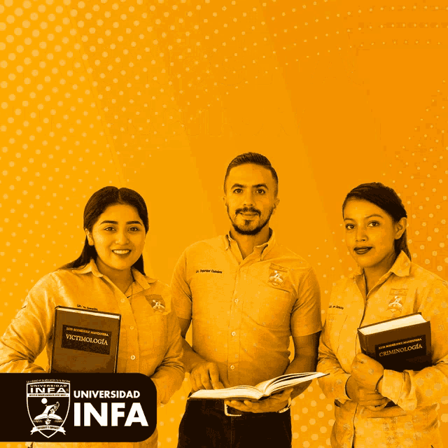 a man and two women holding books in front of a sign that says universidad infa