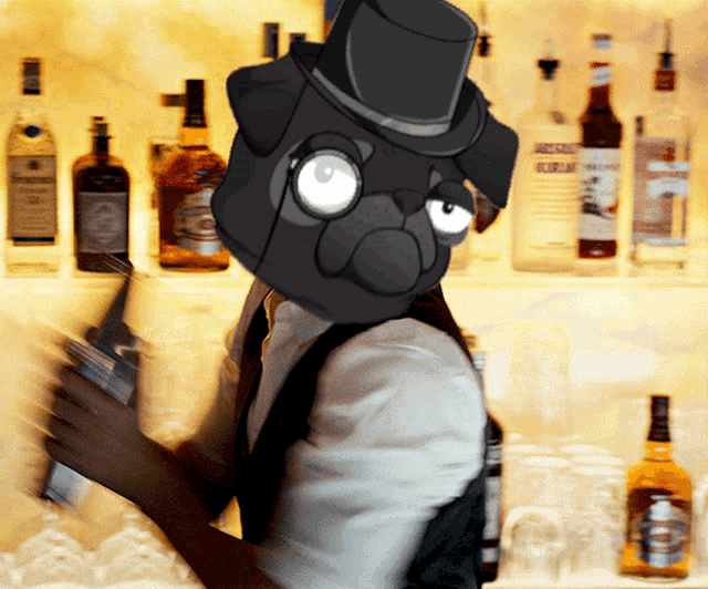 a bartender wearing a top hat and a pug mask