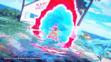 a cartoon character is flying through a red and blue portal .