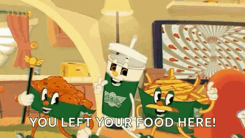 a cartoon chicken , french fries , and a drink are standing next to each other in a living room .