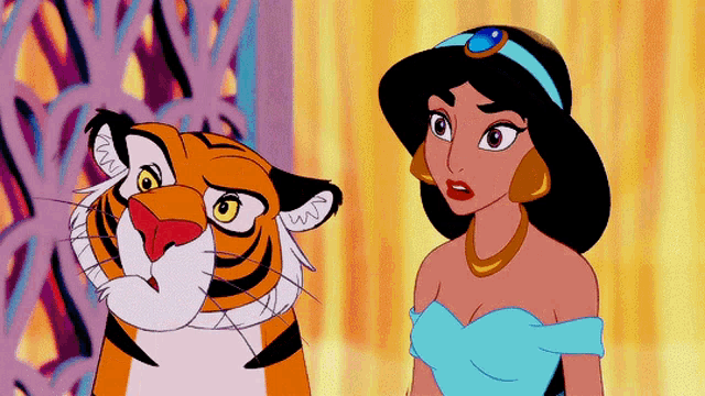 a cartoon of jasmine and a tiger with a yellow background