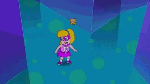 a girl in a pink cape with the letter g on it is standing in front of a mirror