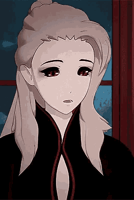 a cartoon girl with white hair and red eyes is standing in front of a window