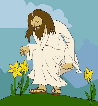 a cartoon drawing of jesus kneeling down next to flowers
