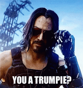 a man wearing sunglasses and a robotic arm is asking if he is a trumpie .