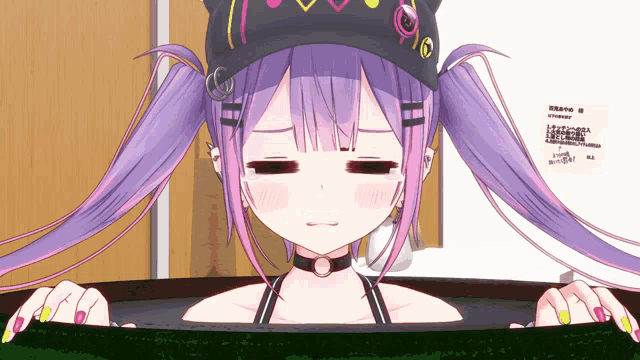 a girl with purple hair and a black hat with the number 10