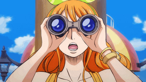 a woman with orange hair is looking through binoculars with a surprised look on her face