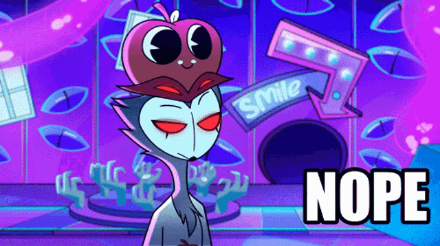 a cartoon character with an apple on his head and the word nope underneath
