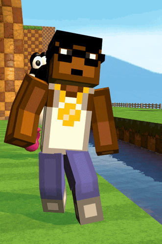 a minecraft character wearing sunglasses and a gold chain with the letter b on it