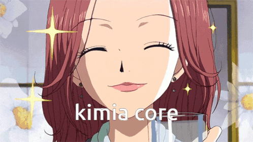 a girl with red hair is smiling and holding a glass of water with the words kimia core below her