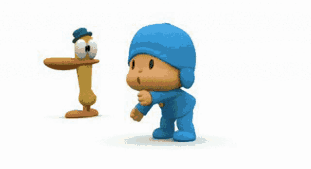 pocoyo and a yellow duck are standing next to each other .