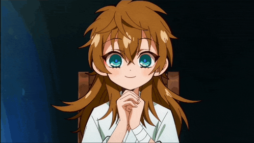 a girl with long brown hair and blue eyes is sitting in a chair