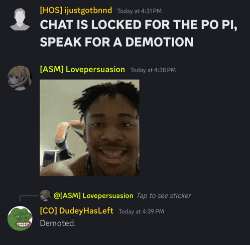 a chat is locked for the po pi speak for a demotion