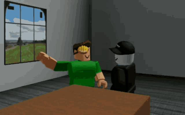 two cartoon characters are sitting at a table with one wearing a black hat that says roblox on it