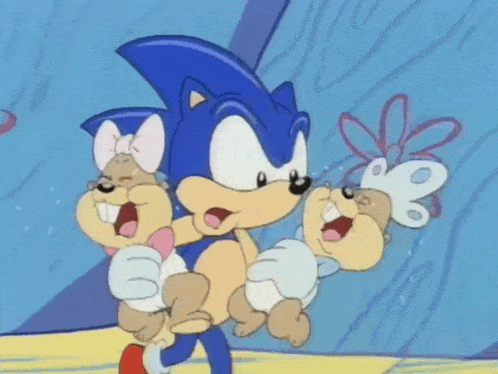 sonic the hedgehog is holding two baby squirrels in his arms in a cartoon .
