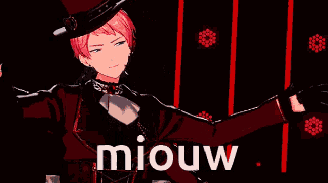a man with pink hair is wearing a top hat and a red jacket with the word miouw written on it