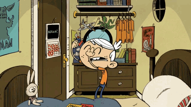 a cartoon drawing of lincoln loud in his bedroom