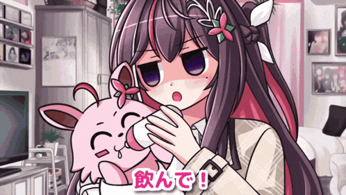 a girl with purple hair is feeding a pink rabbit from a bottle in a room