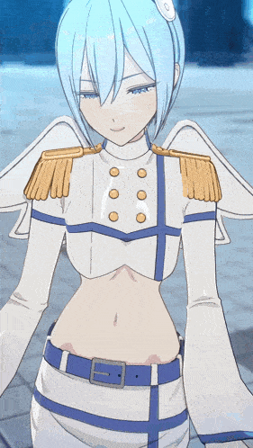 a girl with blue hair is wearing a white top with gold trim