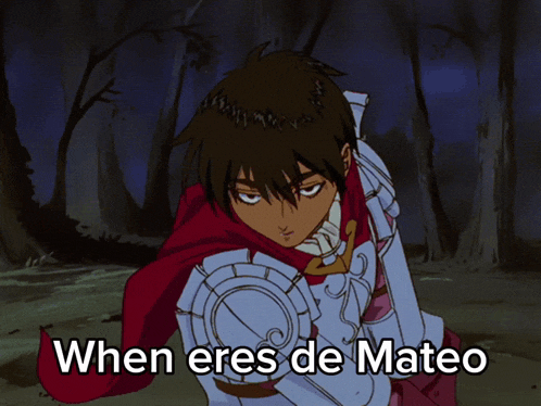 a cartoon of a man holding a sword with the words when eres de mateo below him