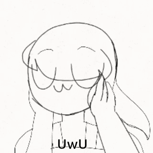 a black and white drawing of a girl with her eyes closed and the word uwu written on the bottom .