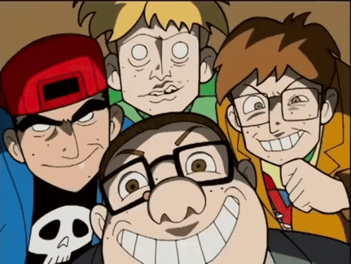 a group of cartoon characters posing for a picture with one wearing a skull shirt