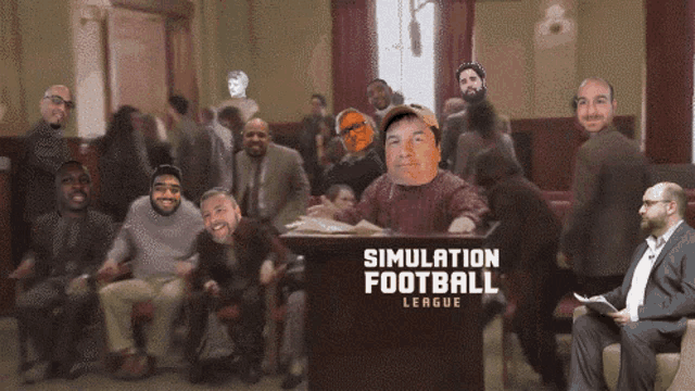a group of people sitting in a courtroom with the words simulation football league on the bottom