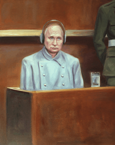 a painting of a man wearing headphones sitting in a courtroom