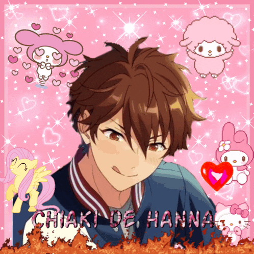 a chiaki de hanna anime character with a pink background