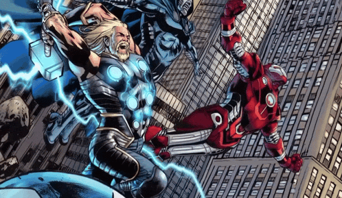 a comic book drawing of thor and iron man fighting each other