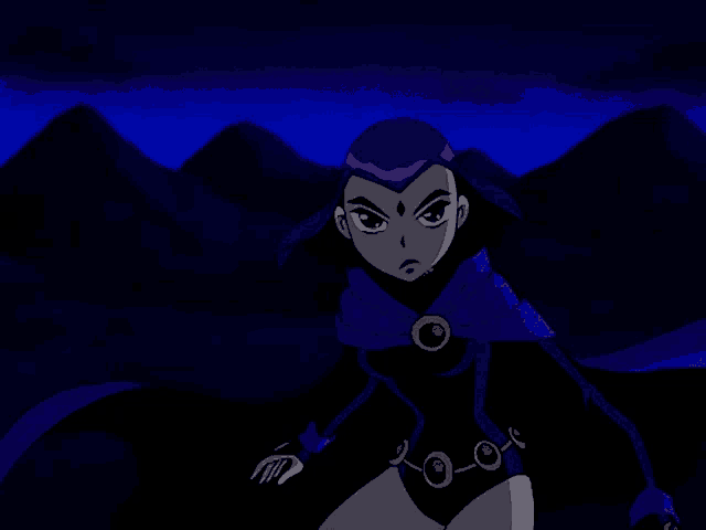 raven from teen titans stands in front of a mountain range