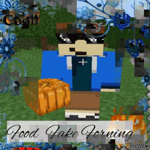 a picture of a minecraft character standing next to a pumpkin with the caption food fake forming