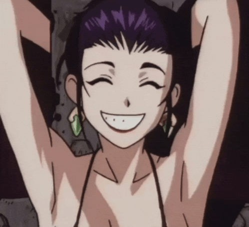 a woman with purple hair is smiling with her arms up